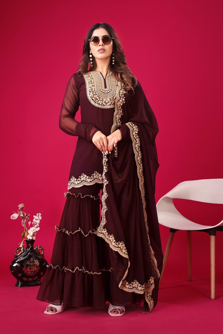 Blooming Faux Georgette Sharara Set :3 piece suit(top,bottom&dupatta)