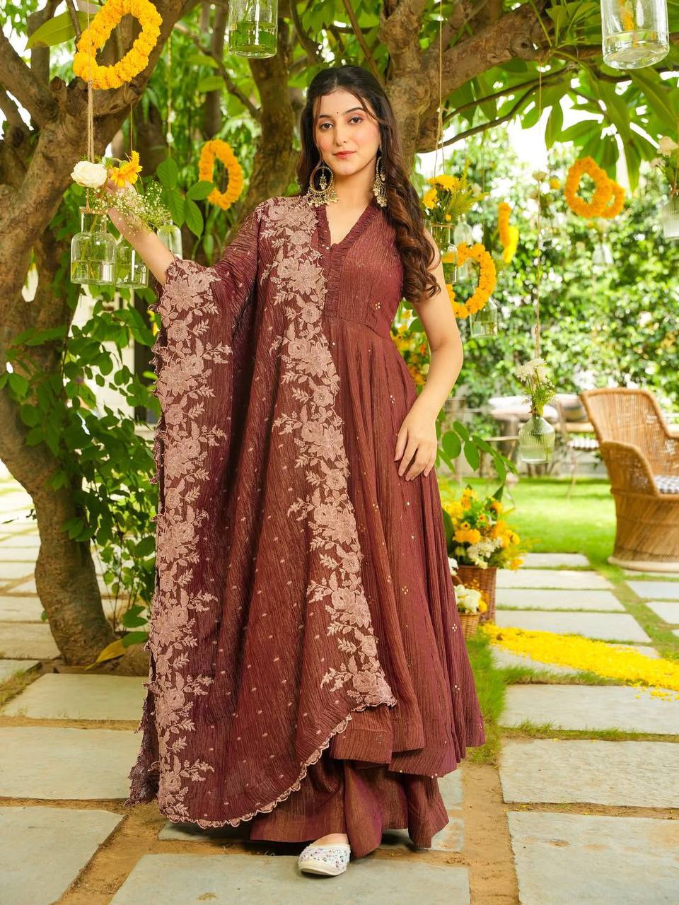 Elegant Embroidered Crunchy Fabric Sharara Set with Dupatta