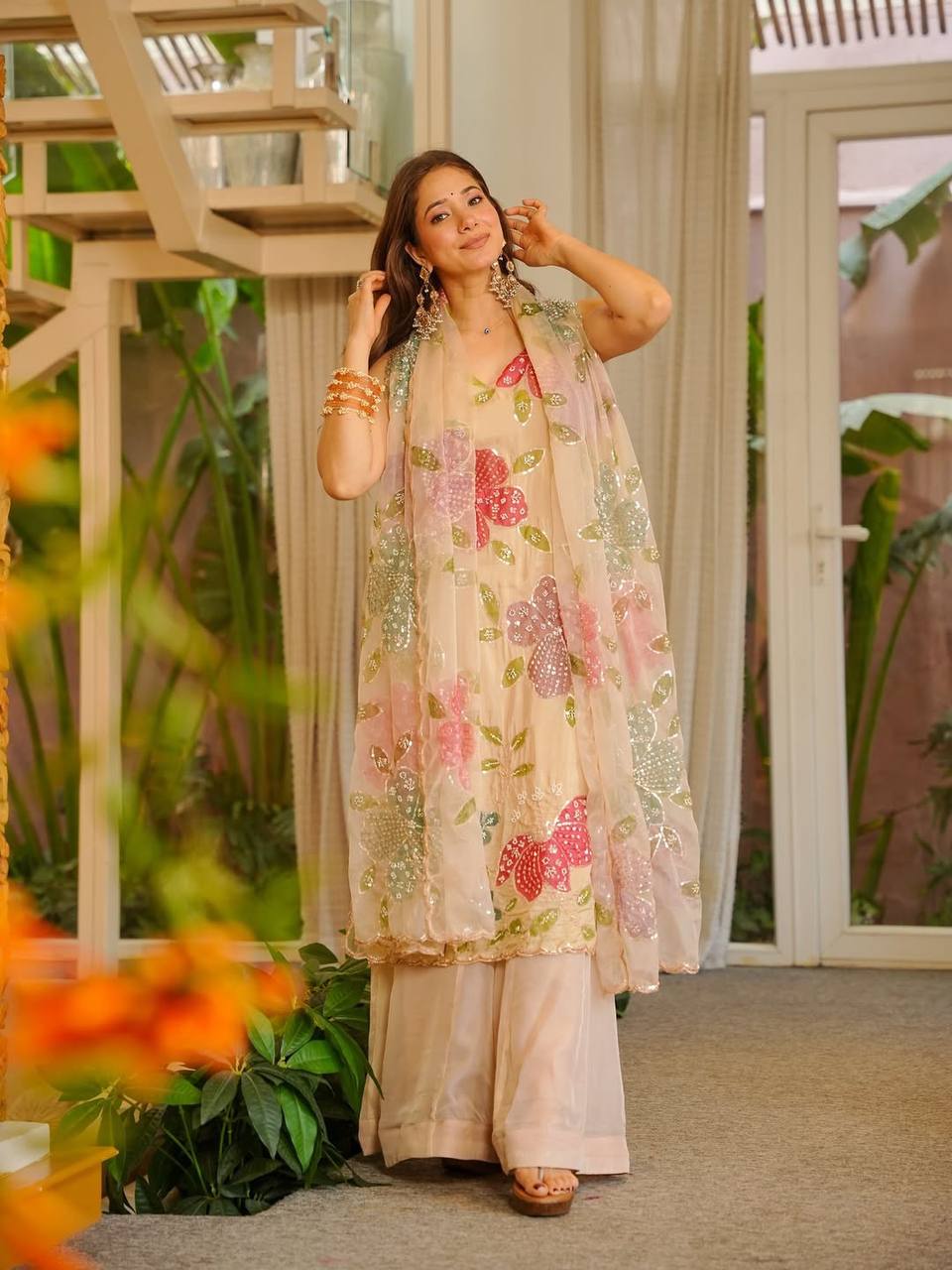 Luxury Sequence Work Brush Print Organza Silk Suit Set