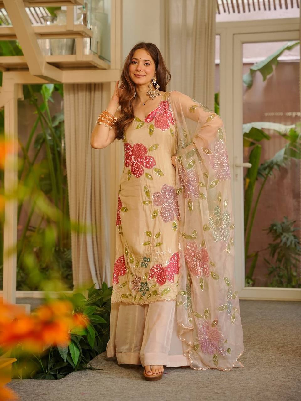 Luxury Sequence Work Brush Print Organza Silk Suit Set