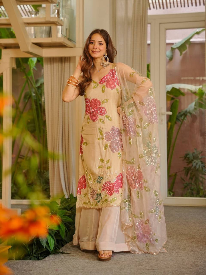 Luxury Sequence Work Brush Print Organza Silk Suit Set
