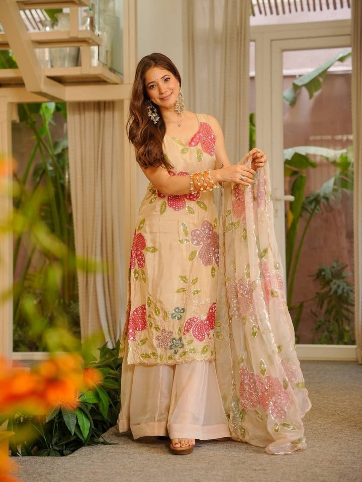 Luxury Sequence Work Brush Print Organza Silk Suit Set