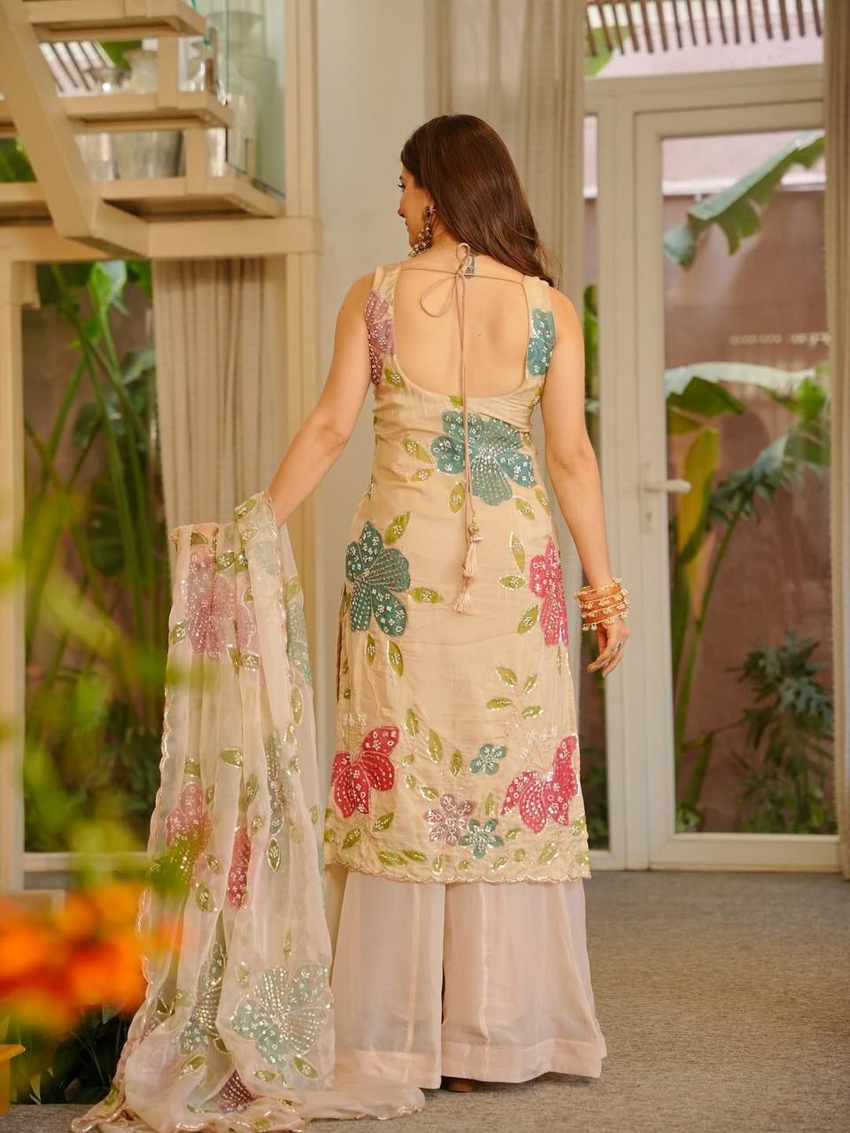 Luxury Sequence Work Brush Print Organza Silk Suit Set