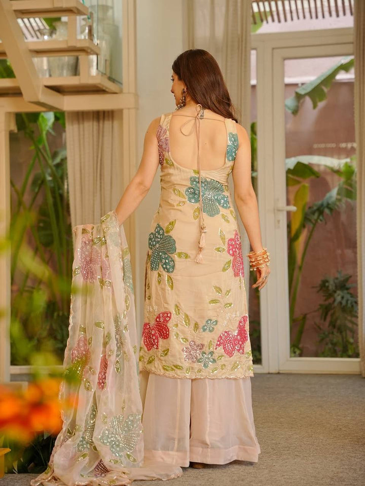 Luxury Sequence Work Brush Print Organza Silk Suit Set