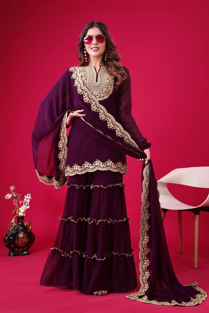 Blooming Faux Georgette Sharara Set :3 piece suit(top,bottom&dupatta)