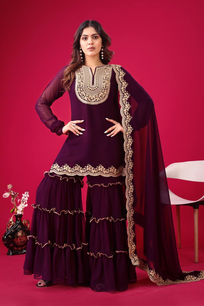 Blooming Faux Georgette Sharara Set :3 piece suit(top,bottom&dupatta)