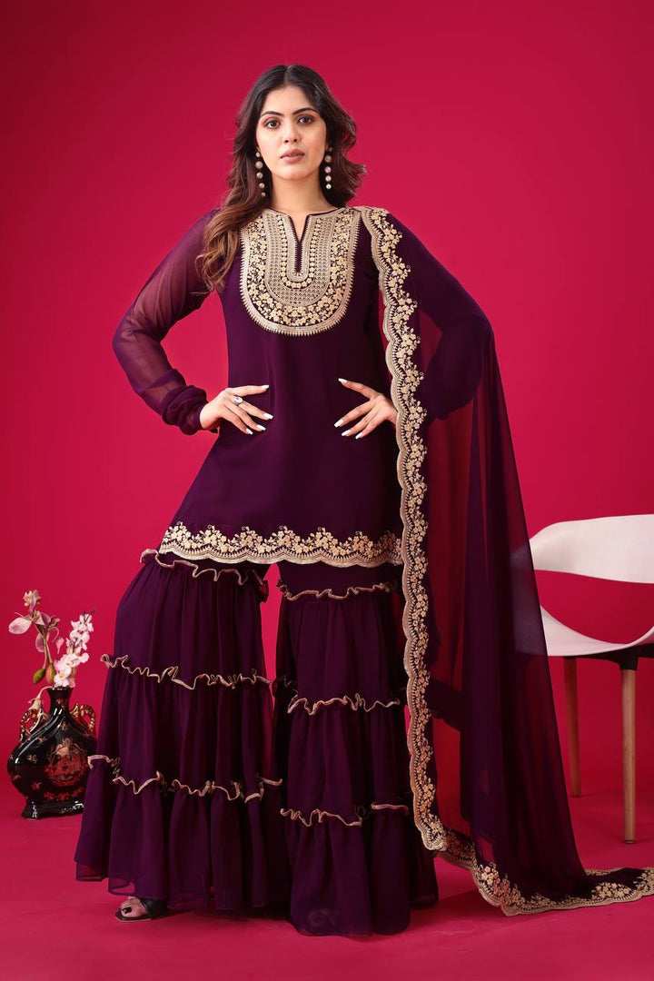 Blooming Faux Georgette Sharara Set :3 piece suit(top,bottom&dupatta)