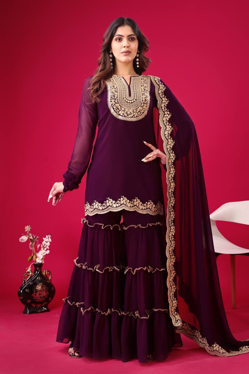Blooming Faux Georgette Sharara Set :3 piece suit(top,bottom&dupatta)