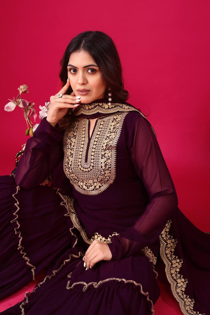 Blooming Faux Georgette Sharara Set :3 piece suit(top,bottom&dupatta)