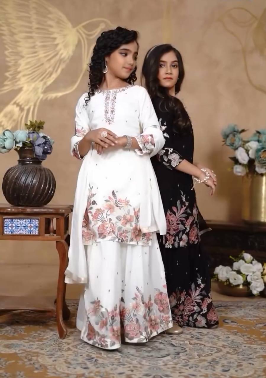 Elegant Chinon Silk Embroidered Sharara Set
