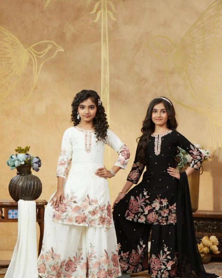 Elegant Chinon Silk Embroidered Sharara Set