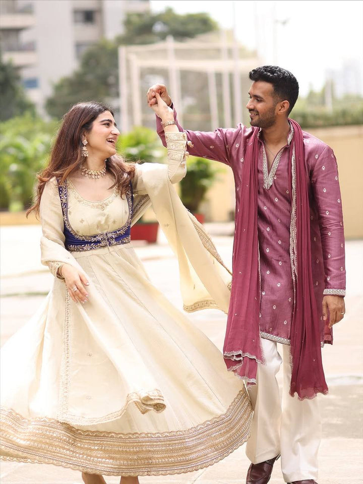 Exclusive White Chinon Silk 3-piece Anarkali set With Short Blue Koti