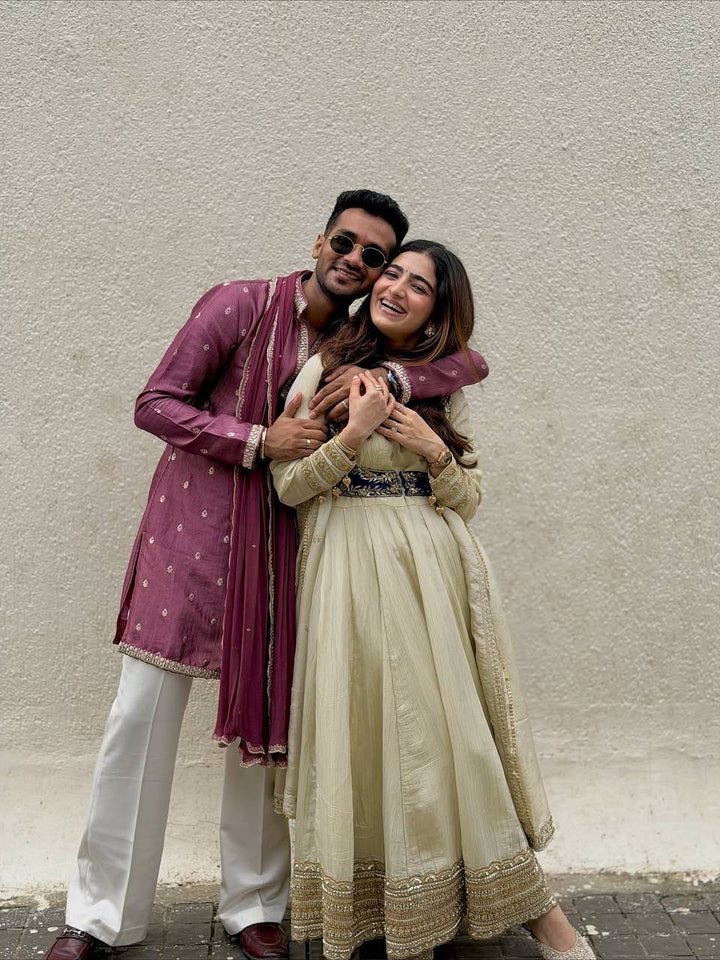 Exclusive White Chinon Silk 3-piece Anarkali set With Short Blue Koti