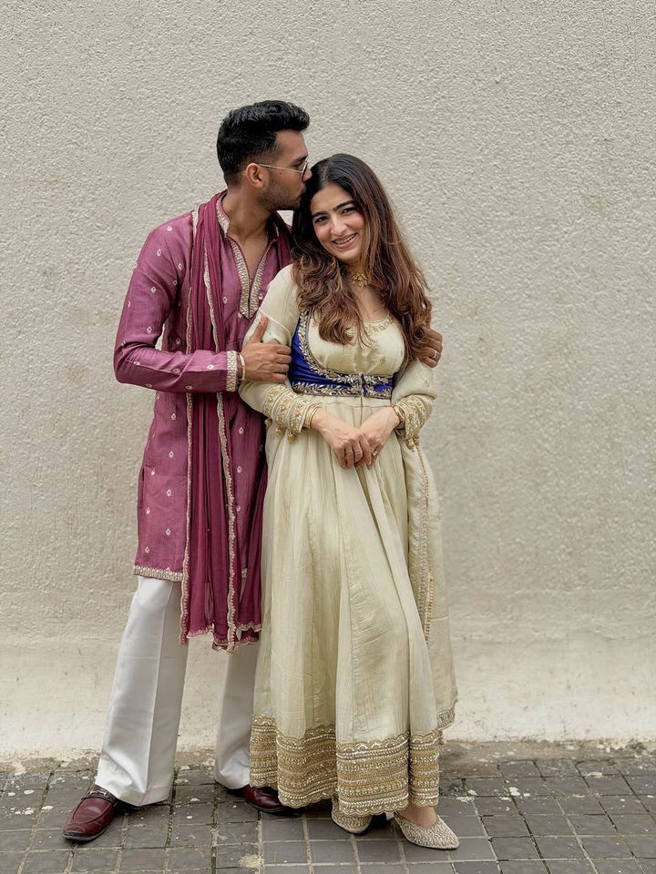 Exclusive White Chinon Silk 3-piece Anarkali set With Short Blue Koti