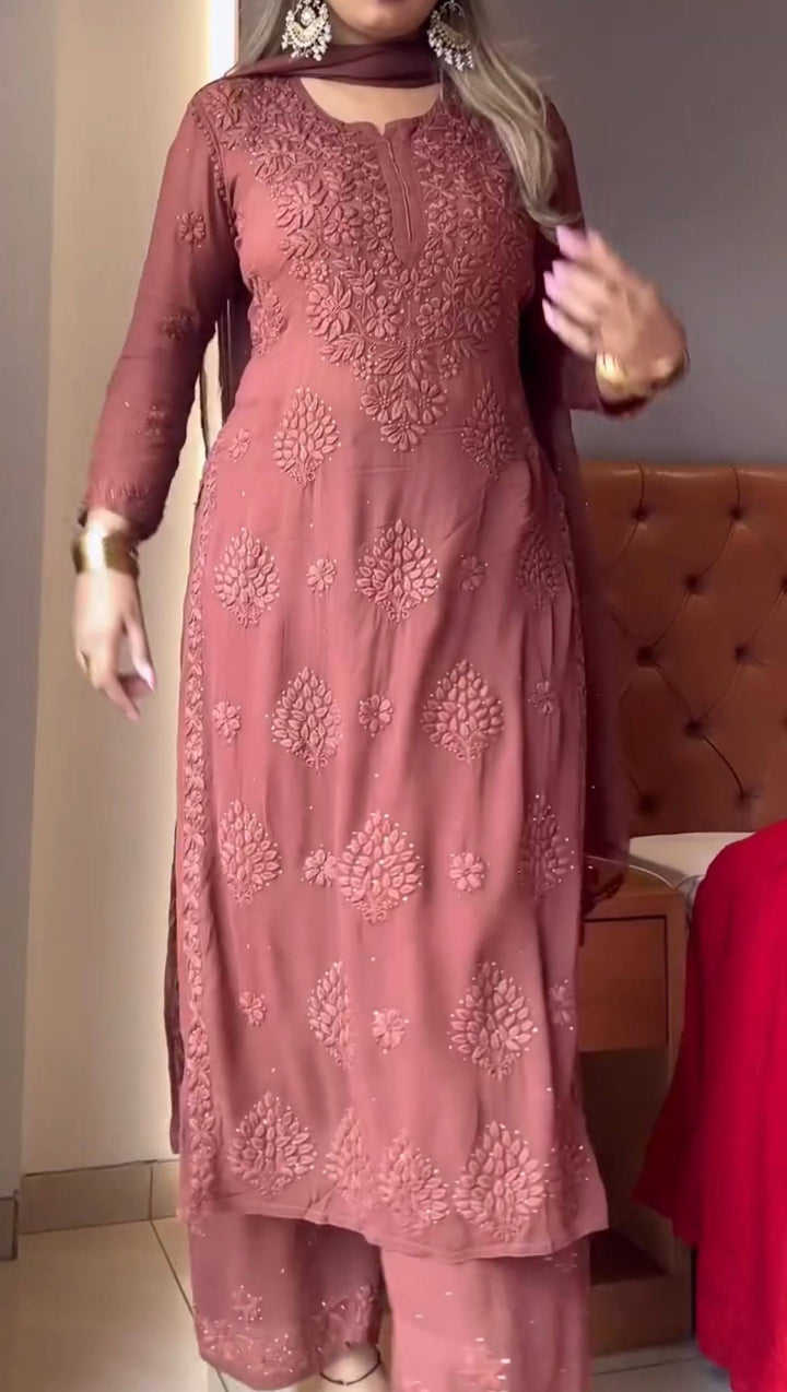Elegant Embroidered Faux Georgette Plazzo Set