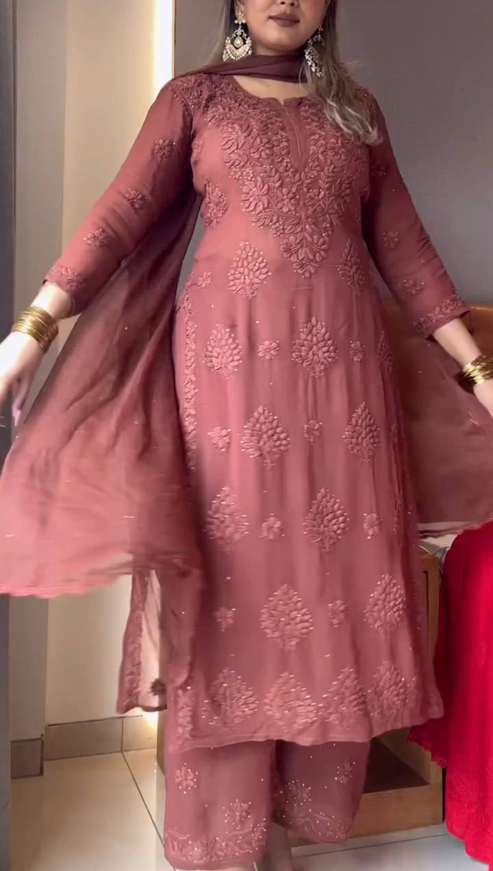 Elegant Embroidered Faux Georgette Plazzo Set