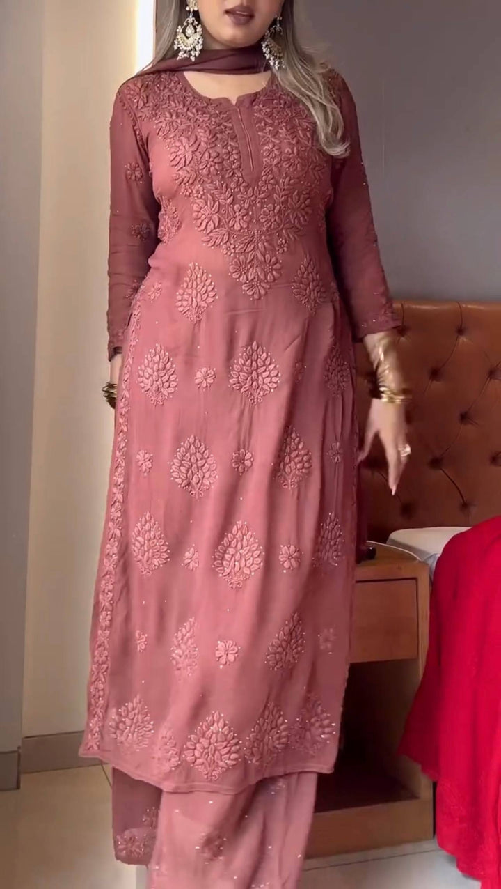 Elegant Embroidered Faux Georgette Plazzo Set