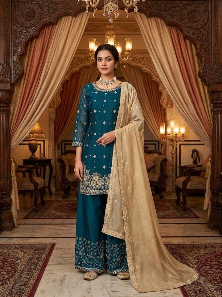 Heavy GMY Silk Top Palazzo Dupatta Set With Intricate Thread, Sequin & Pearl Work
