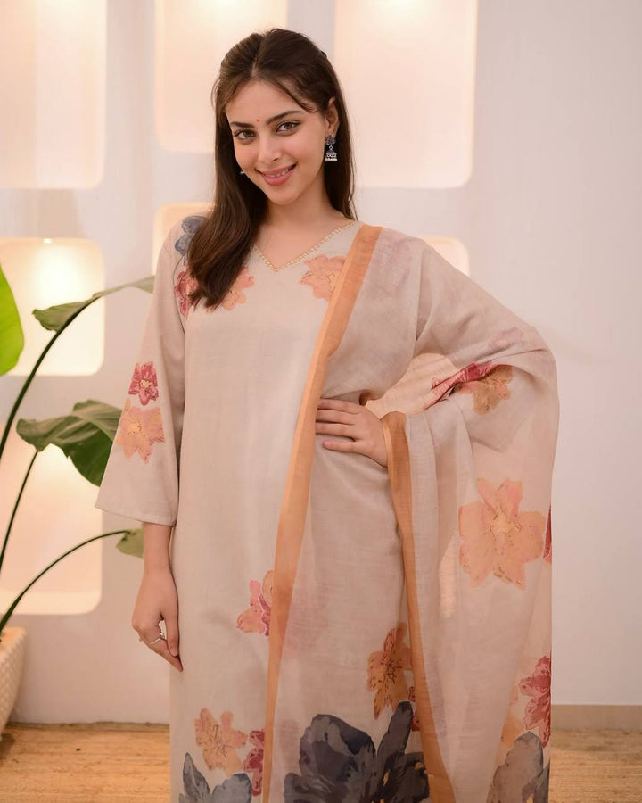 Elegant Cotton Floral Print Salwar Kameez Set with Dupatta