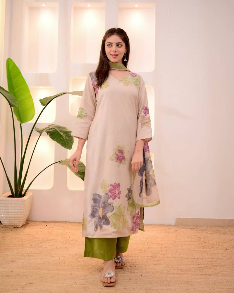 Elegant Cotton Floral Print Salwar Kameez Set with Dupatta