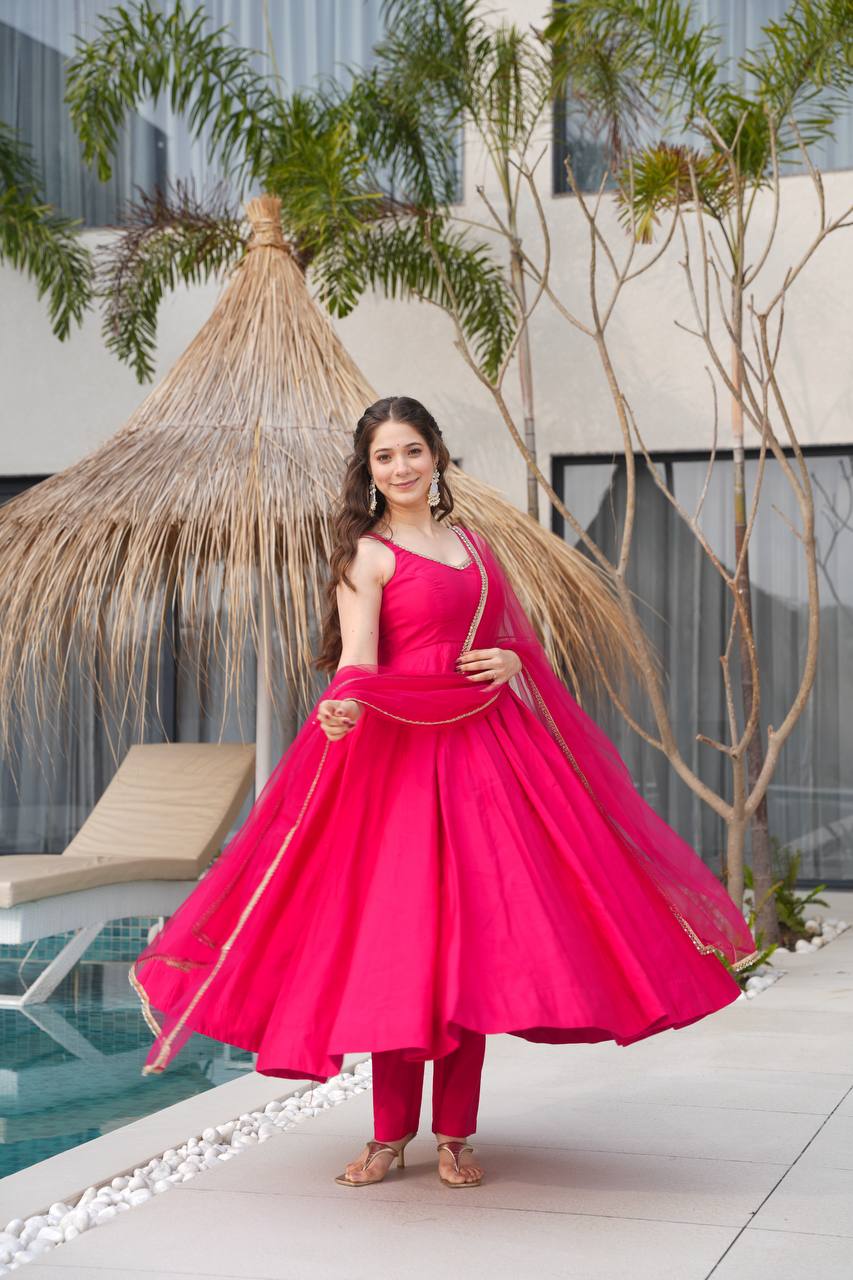 HEAVY PURE ROMANSILK WITH HANDWORK GOWN