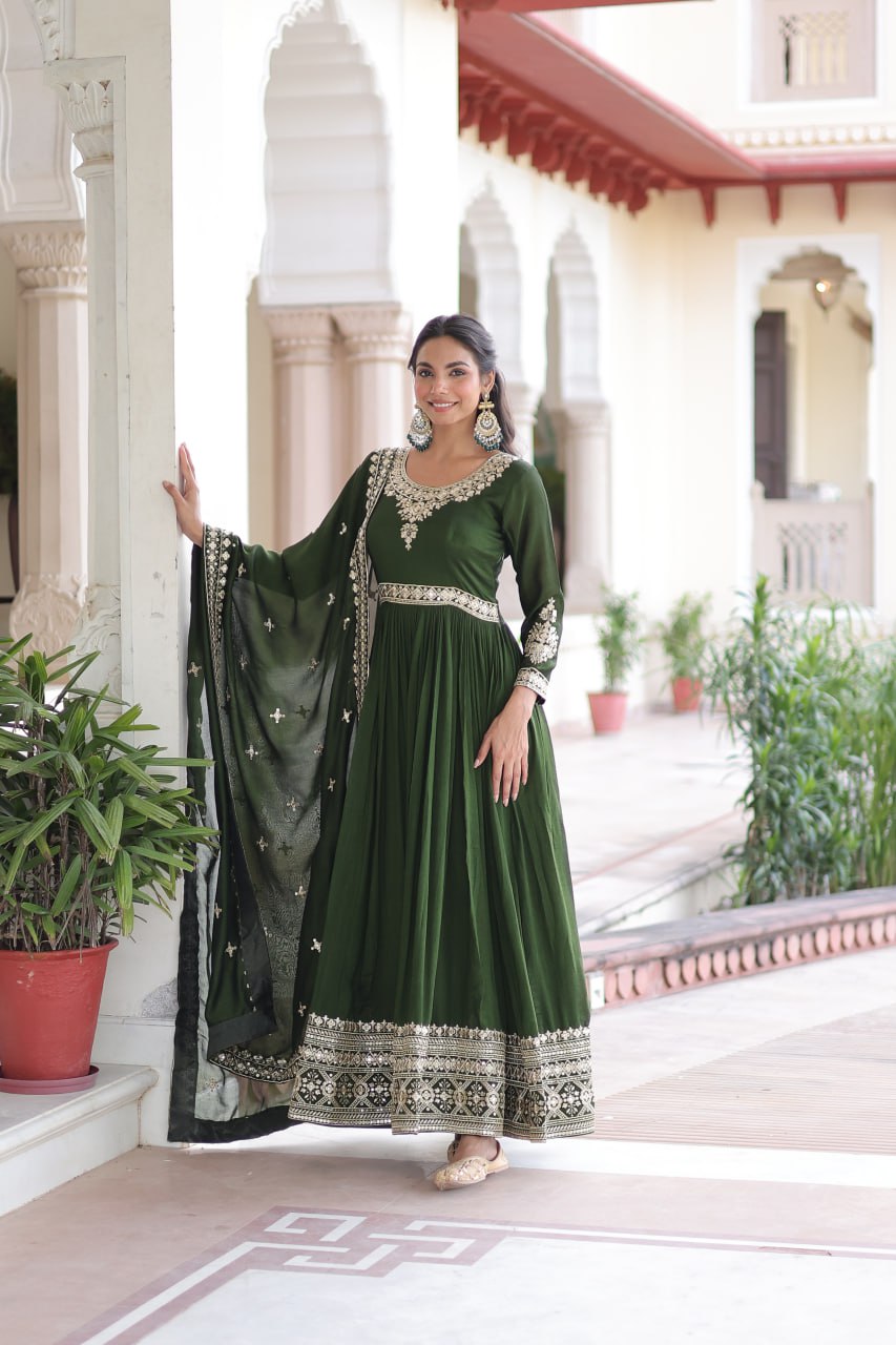 Rich Vichitra Silk Sequins Embroidered Gown WWith Dupatta
