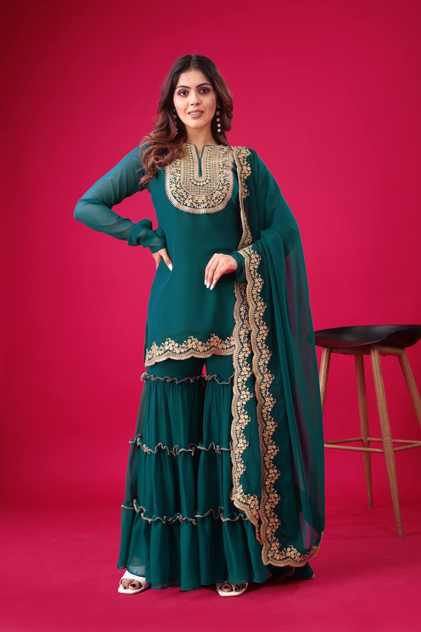 Blooming Faux Georgette Sharara Set :3 piece suit(top,bottom&dupatta)