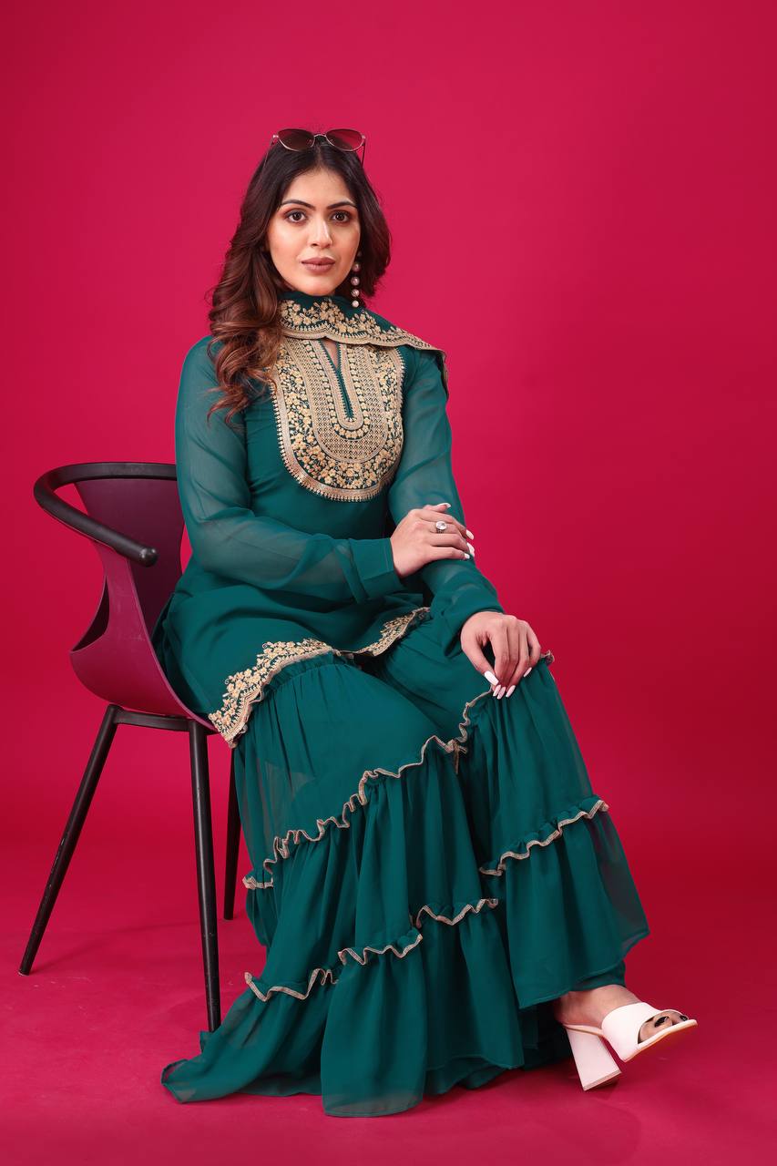 Blooming Faux Georgette Sharara Set :3 piece suit(top,bottom&dupatta)