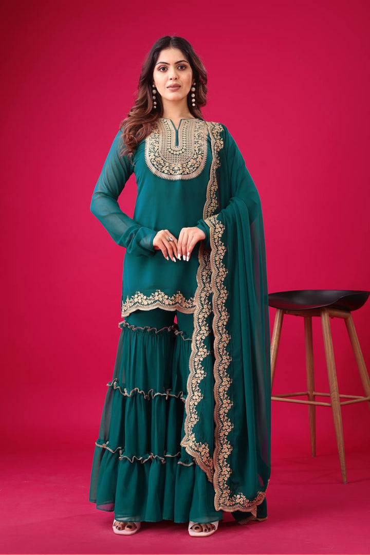 Blooming Faux Georgette Sharara Set :3 piece suit(top,bottom&dupatta)
