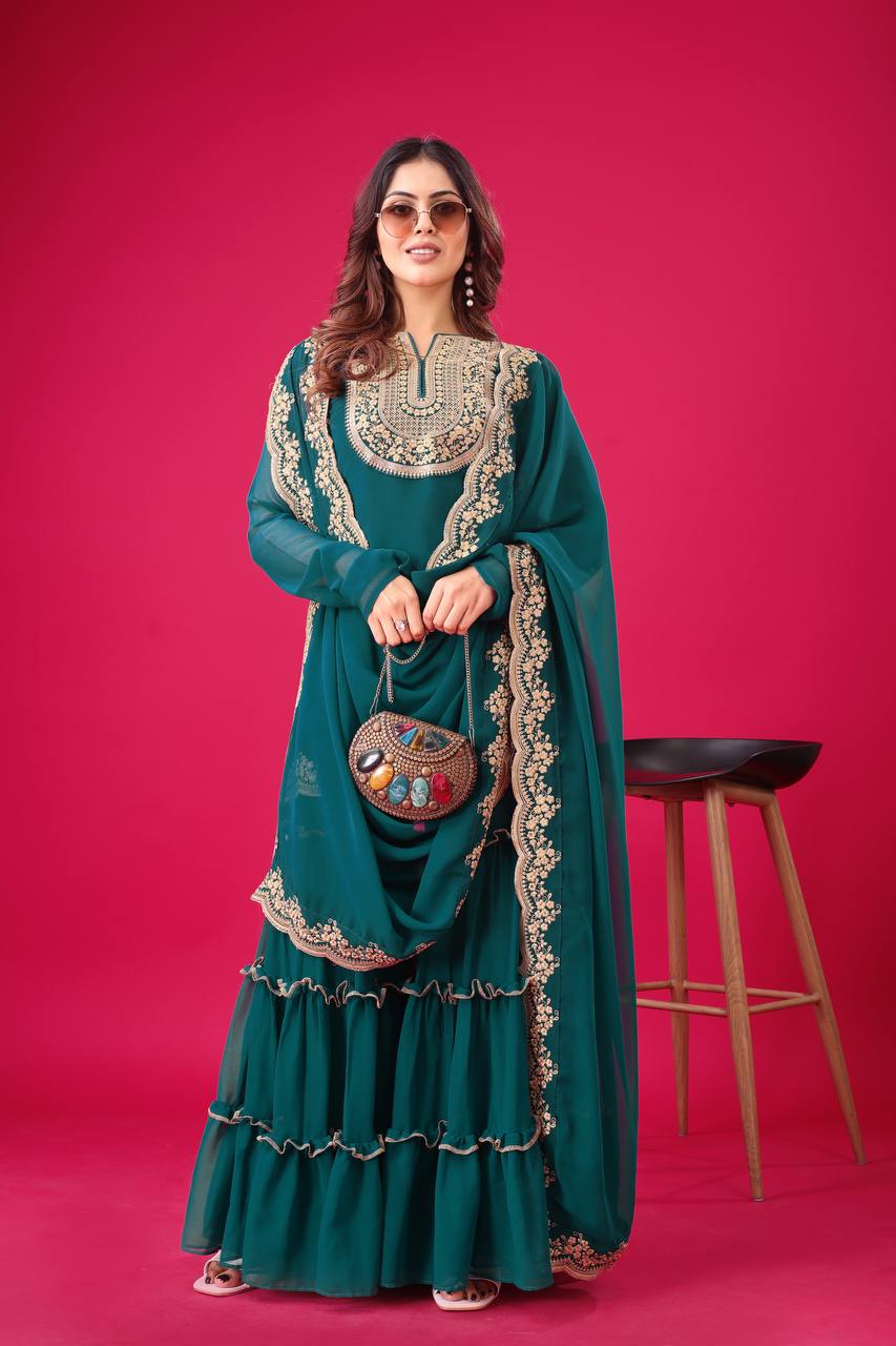 Blooming Faux Georgette Sharara Set :3 piece suit(top,bottom&dupatta)