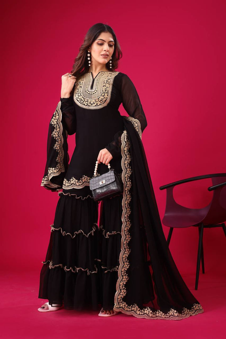 Blooming Faux Georgette Sharara Set :3 piece suit(top,bottom&dupatta)