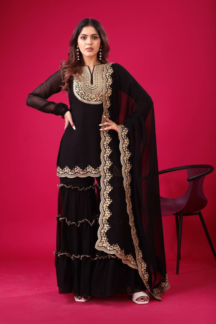 Blooming Faux Georgette Sharara Set :3 piece suit(top,bottom&dupatta)