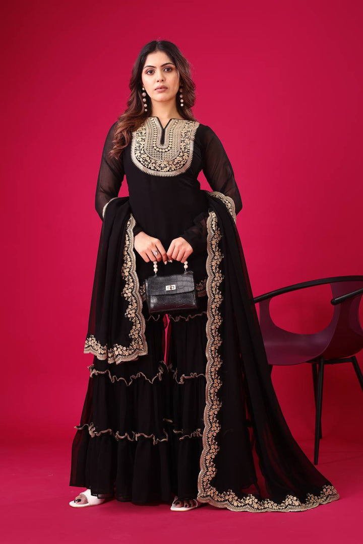 Blooming Faux Georgette Sharara Set :3 piece suit(top,bottom&dupatta)