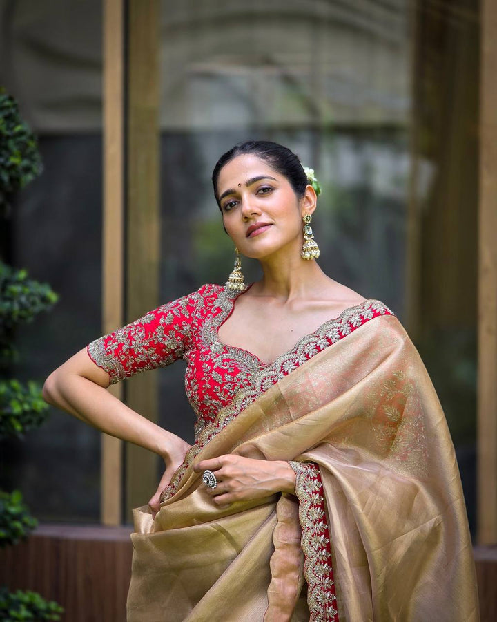 Premium Zoya Gold Soft Tissue Saree