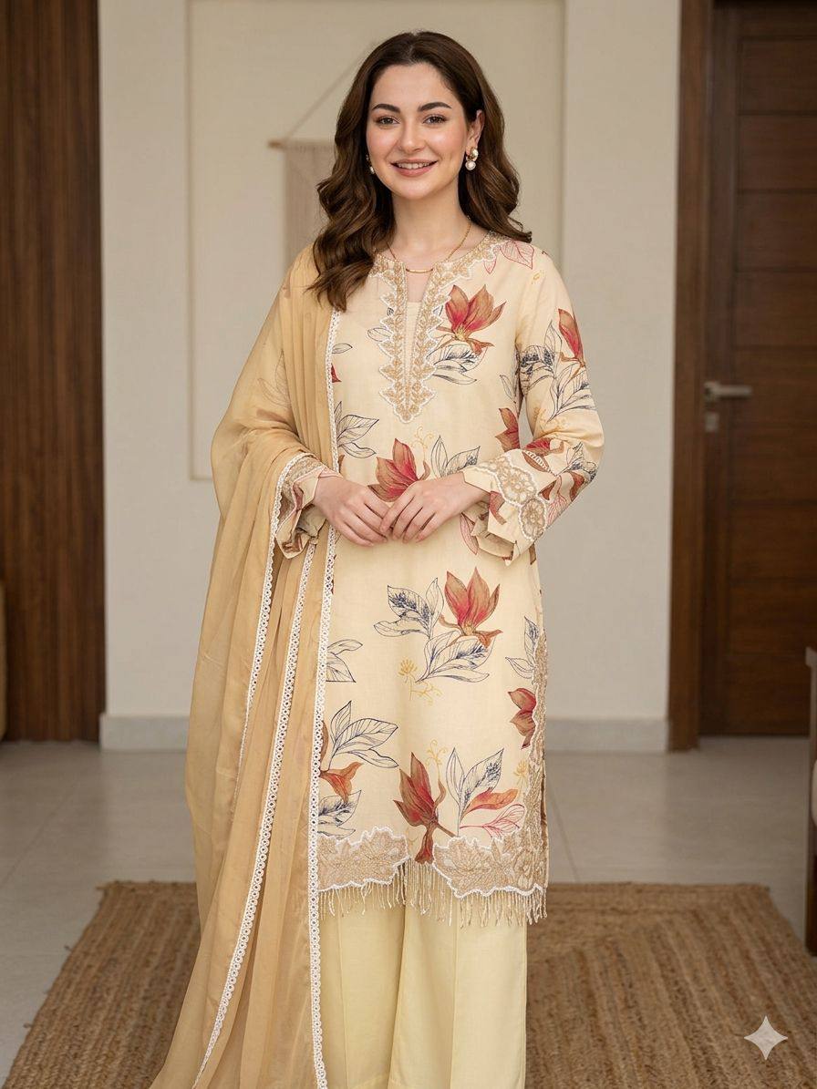 Beautifully printed kurta with elegant embroidered lace work