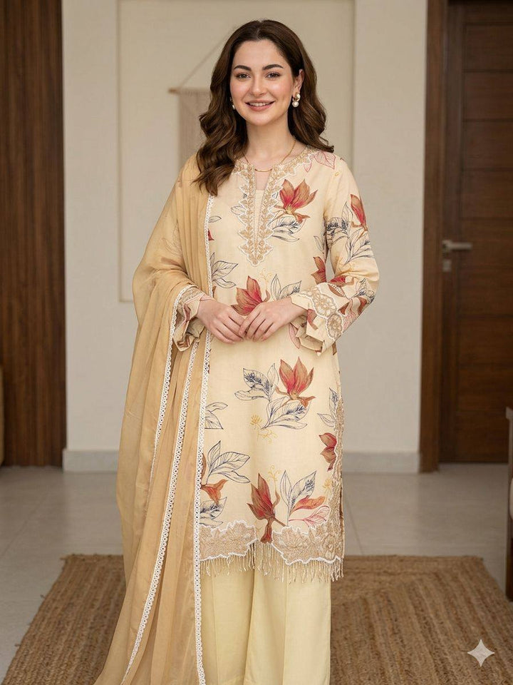 Beautifully printed kurta with elegant embroidered lace work