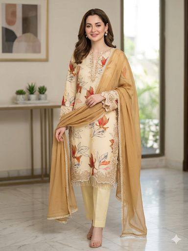 Beautifully printed kurta with elegant embroidered lace work