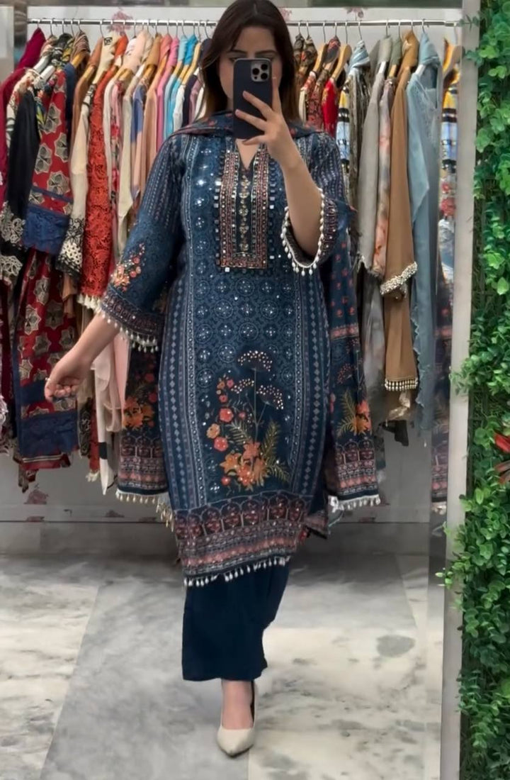 Designer Chinon Kurti Set with Plazzo & Dupatta
