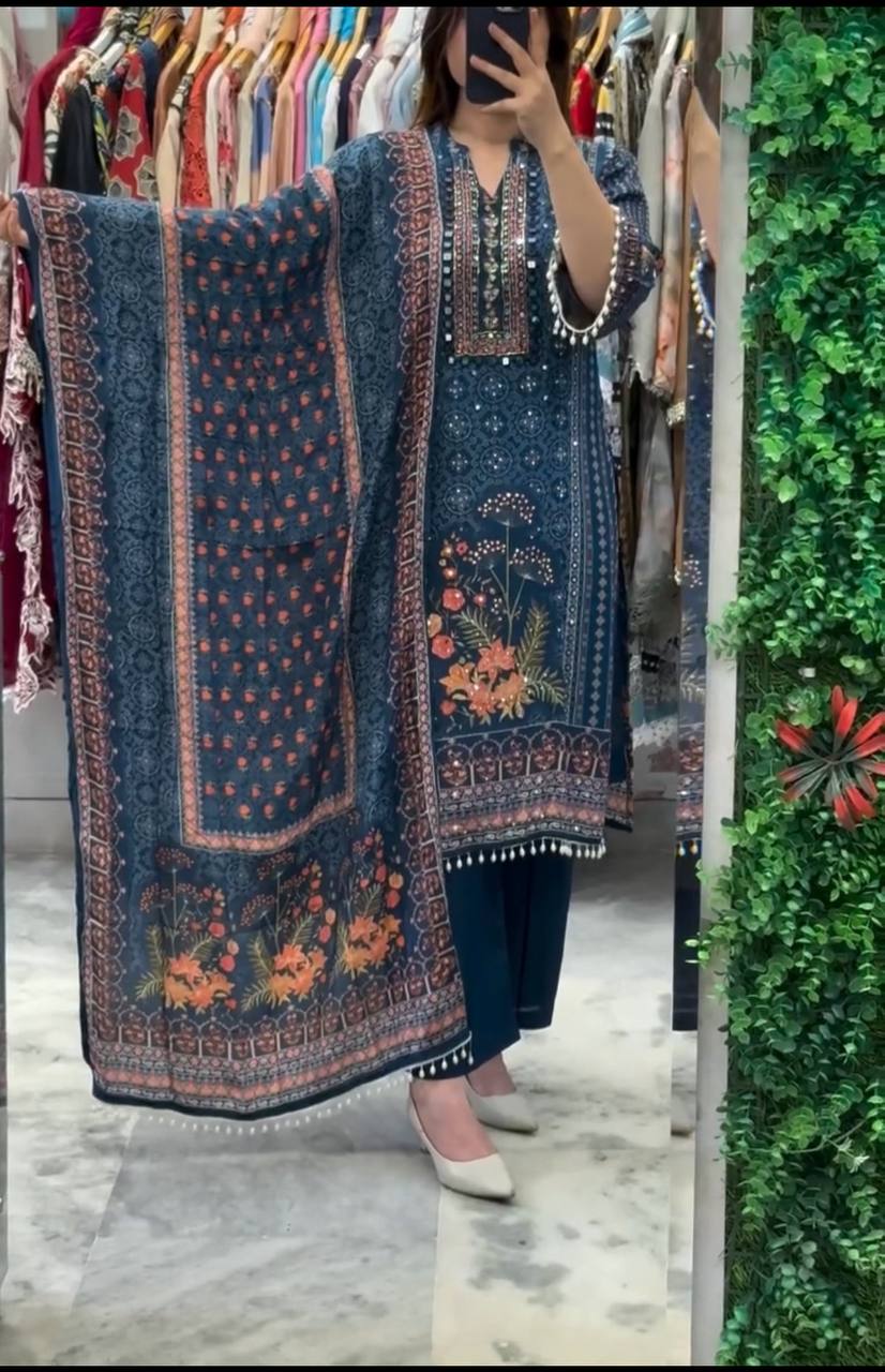 Designer Chinon Kurti Set with Plazzo & Dupatta