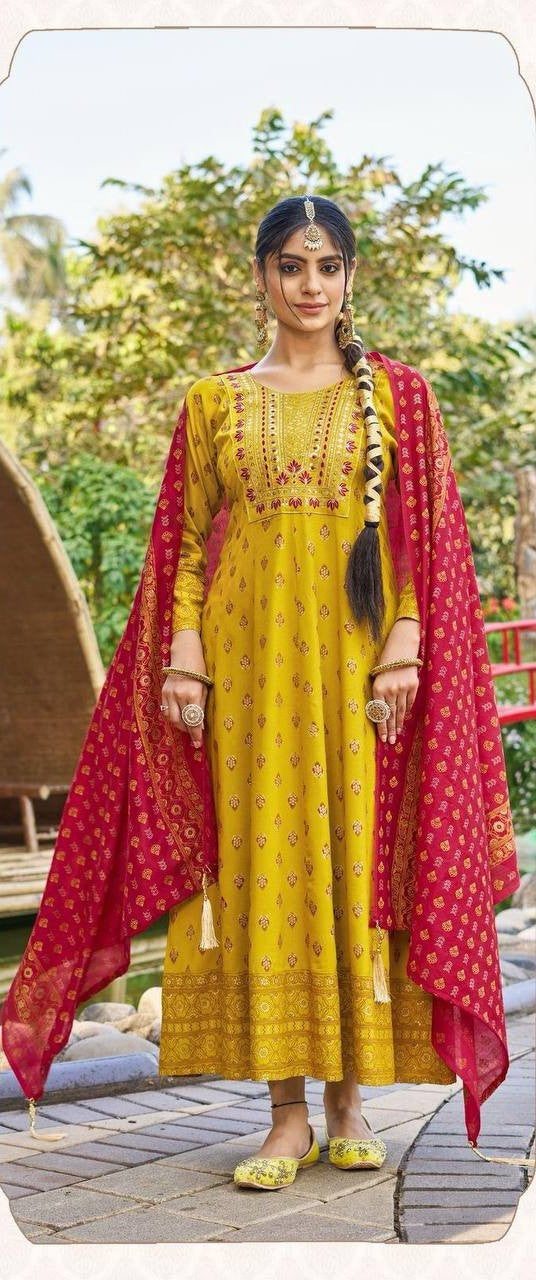 Anarkali Gown with Dupatta – Multi Color Combination Print