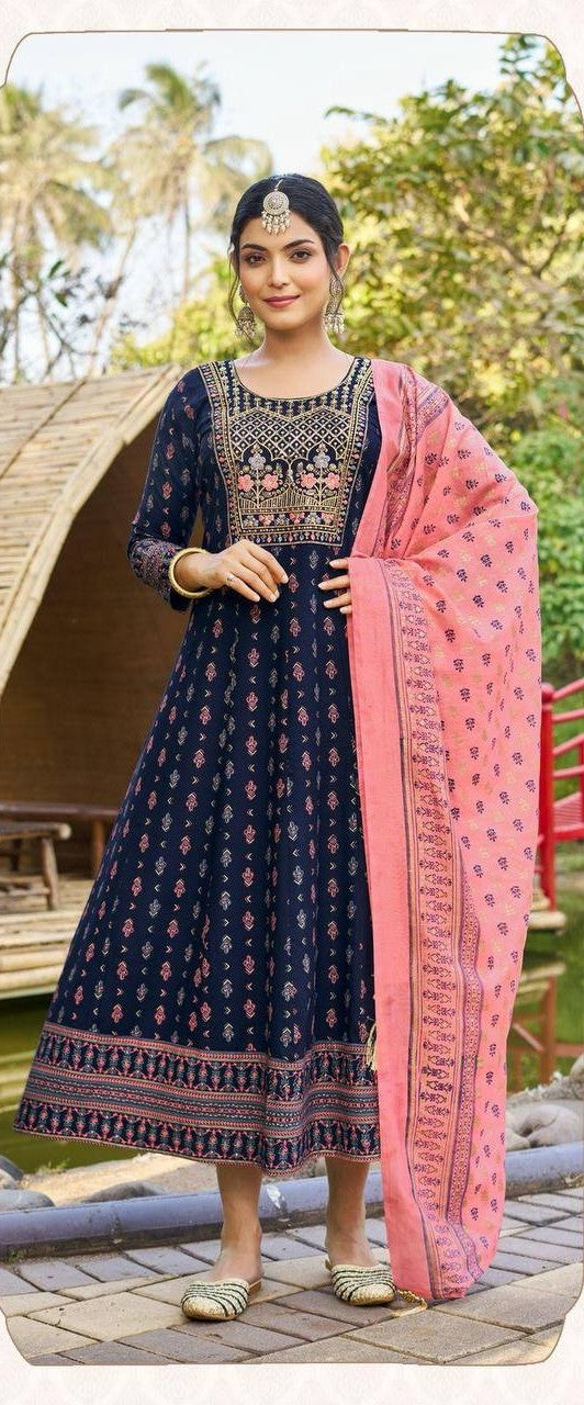 Anarkali Gown with Dupatta – Multi Color Combination Print