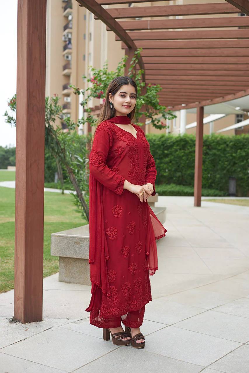 Graceful Faux Georgette Embroidered Palazzo Set