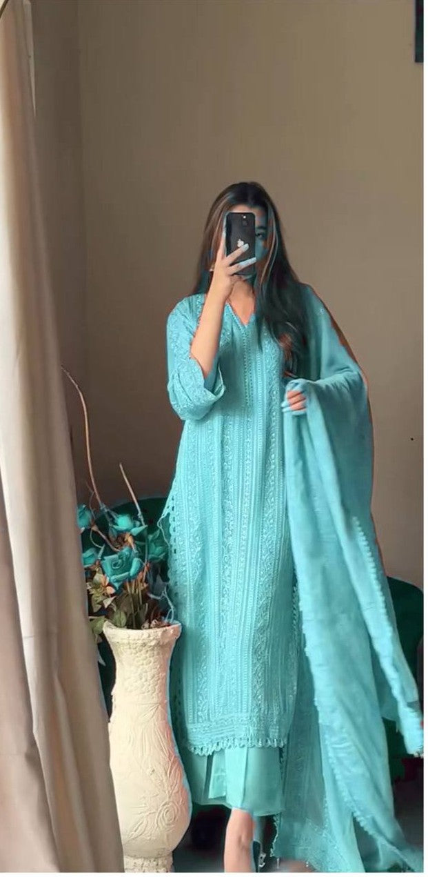 NEW EMBROIDERY WORK AND PLAZO WITH DUPATTA :3 piece suit(top,bottom&dupatta)