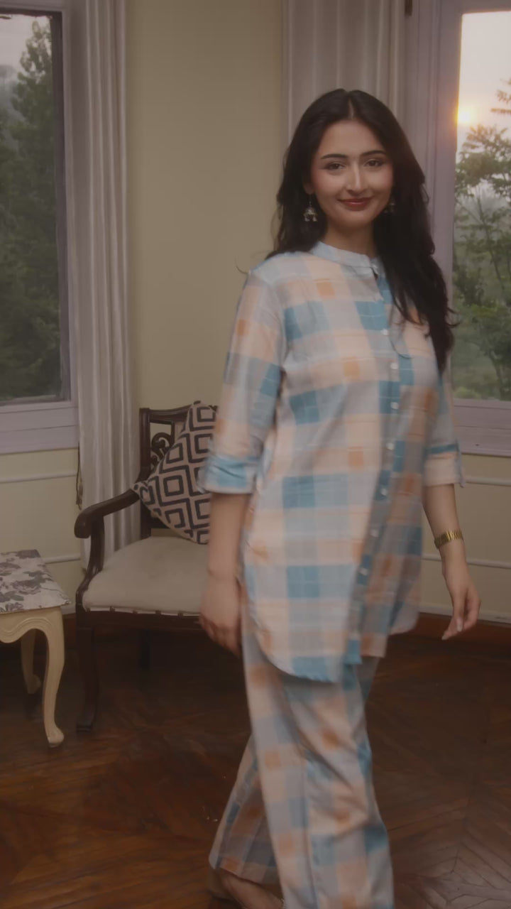 Sky Blue Pure Cotton Checkered Co-Ord Set