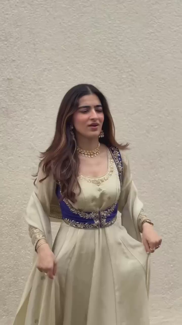 Exclusive White Chinon Silk 3-piece Anarkali set With Short Blue Koti