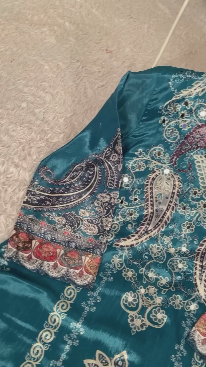 Designer Printed Chinon Pant Set With Mirror Work