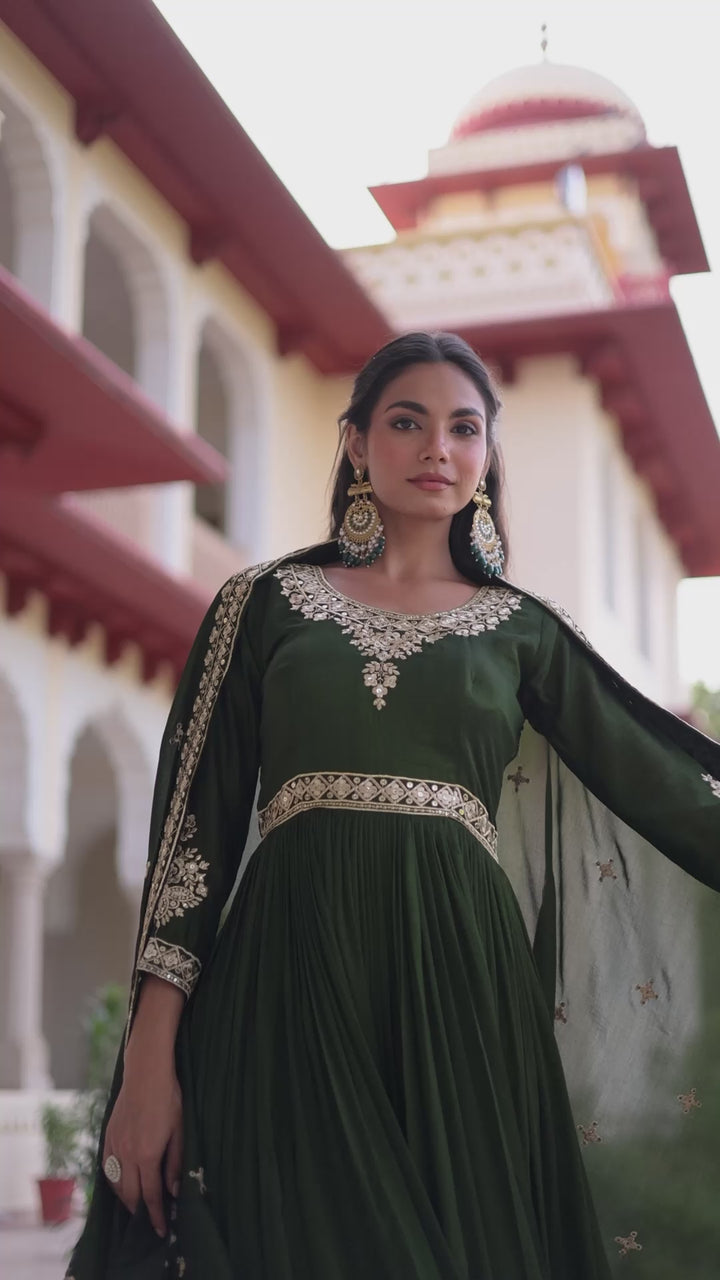 Rich Vichitra Silk Sequins Embroidered Gown WWith Dupatta